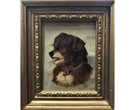 BB - A portrait of a brown dog, and a fox looking at an insect, oil on canvas, signed with initials, 21 x 17 cm&nbsp; (2)Late