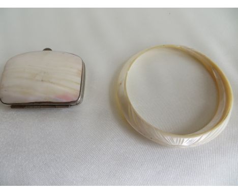 Mother of Pearl coin purse and hand carved bangle.