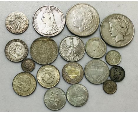 Collection of British and World Silver Coins, including George III, Victoria, American Morgan and Peace Dollars, 1940 Indian 