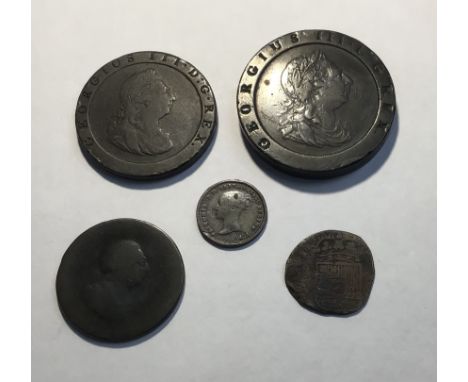 George III Cartwheel Two and One Pence Coins with a Victorian 1844 Half Farthing, Spanish Netherlands 1780&rsquo;s 10 Centime