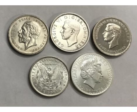 Silver Coins to include American 1896 Morgan Dollar, 1935 George V Crown, 1937 George VI Crown, 1951 Festival of Britain Crow