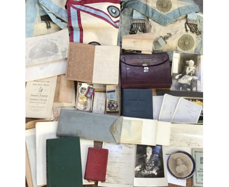 Collection of Masonic items including Hallmarked Silver Jewels (H.T. Lamb &amp; Co 1926 in original box) and regalia, books, 