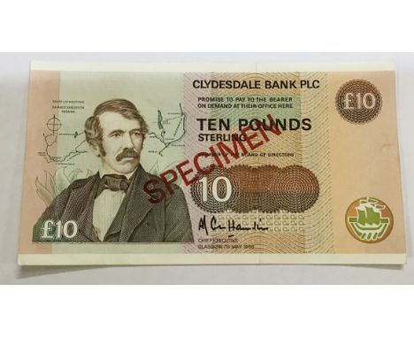 Scarce 1988 Clydesdale Bank PLC Specimen &pound;10 Banknote. No Prefix or Number. Small amount of damage to right edge obvers