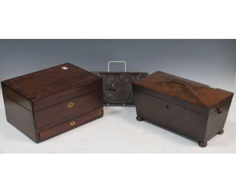 A 19th rosewood fitted dressing box with electroplated fittings, together with a Regency mahogany sarcophagus tea caddy and a