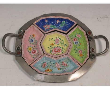 A Chinese pewter and hard stone mounted hors d'oeuvres dish with five enamel dishes, circa 1920/30Condition report: Fading an