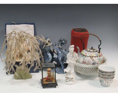 Collection of mainly Chinese decorative objects including a pottery dragon, faux tree, enamelled teapot dented), pillow, etcC