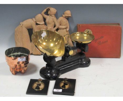 A carved wood figure group of three women harvesting wheat by Ursula Galloway, together with two small Regency portrait silho