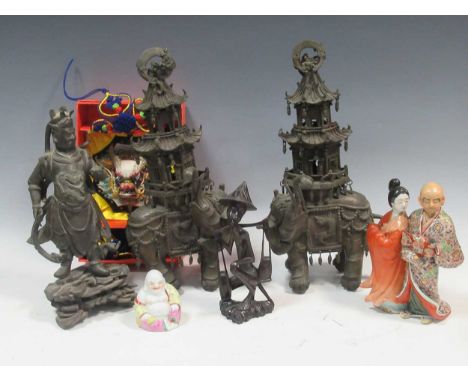 A pair of Chinese soft base metal elephant incense burners (in sections), standing figure, tea caddy, etc