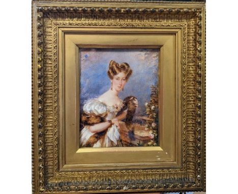 Simon Jacques Rochard (French, 1788-1872), portrait miniatures of the Parker sisters, watercolour on ivory, 14 x 11cm (framed