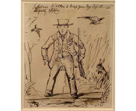 A cartoon sketch, inscribed 'Take care Watkins &amp; keep your legs together it's awfully slippery', pen and ink, 21.5 x 18cm