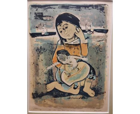 French lithograph depicting a child with a doll on the beach, signed indistincly in pencil lower left 'Sham***' and dated '18