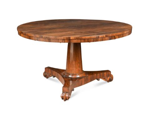 the circular top supported by a tapering column with triform base raised on scroll feet73 x 131cmCondition report: Some light