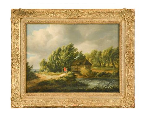 A figure in red on a bridge near a cottage in a high windindistinctly signed lower left ‘M.....d’oil on canvas34.5 x 46.5cmPr