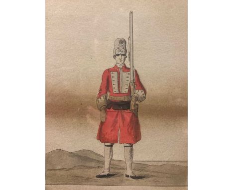 A group of military prints, mainly regimental uniform subjects, a signed print by John Ward, few cloth regimental badges;