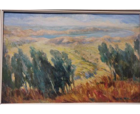 Norah R Bridges, Blue Gums Near San Francisco, signed 'N R. Bridges' (lower right) oil on board, 40 x 60cm, together with ano
