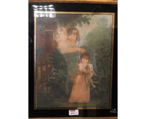 Two prints in glazed verre eglomise frames of young girls with a cat, coloured stipple engraving on paper, 55 x 48cm &amp; 59