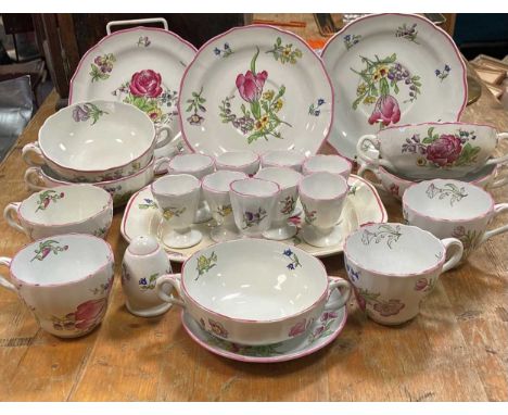 A Spode part service with Marlborough design, including egg cups, plates, a plater, etc