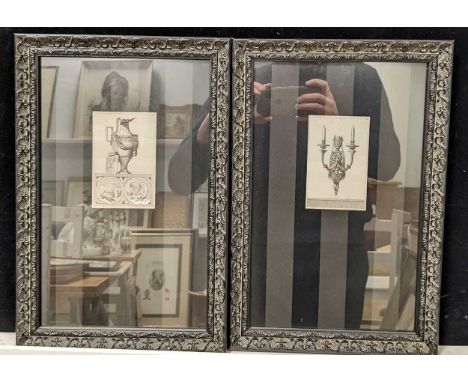 Four architectural detail black and white prints with ebonised composition frames, and two other decorative prints (6)