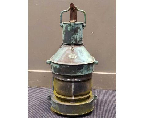 A Harvie copper and glass maritime ships lantern, 68cm highCondition report: Adapted for electricityVery dirty and wornGlass 