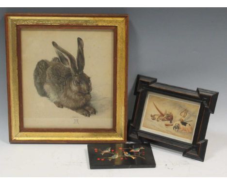 After Durer, facsimile hare print; together with a pietra dura panel of birds and berries, a pencil and watercolour sporting 
