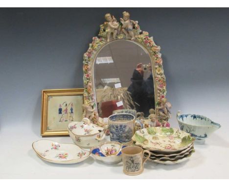 A mixed group of English and European ceramics, including a Worcester blue and white sauce boat, four Blind Earl type plates,