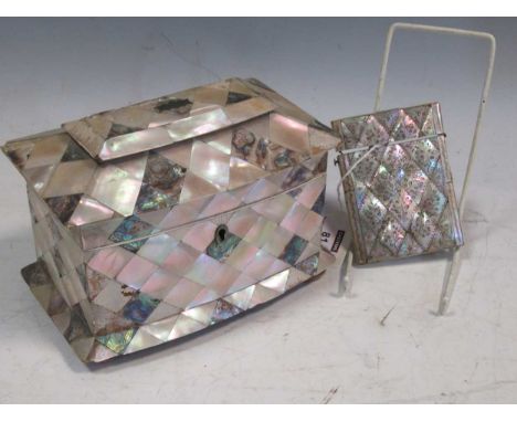 A Regency mother of pearl tea caddy and a card caseCondition report: Loss of some of the mother of pearl panels on the tea ca