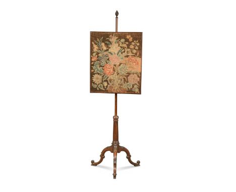 the rectangular floral upholstered tapestry panel supported on an adjustable fluted column raised on acanthus carved cabriole