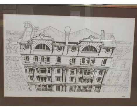 Three architectural elevation prints of London facades, possibly Debenhams building; and one other (4)