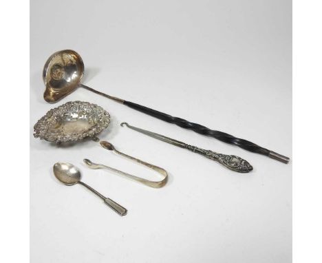 A George III toddy ladle, the unmarked bowl inset with a coin, with a twisted whalebone handle, 34cm long, together with a pi