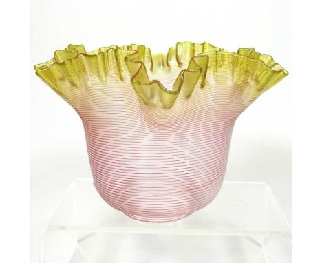 A ribbed pink glass lamp shade, with a frilled amber coloured rim, 6cm fittingDirty, with some tiny chips around the lip of t