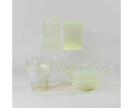 An Arts and Crafts green vaseline glass light shade, 3cm aperture, together with three others smaller (4)Smaller frilled shad