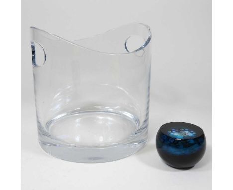 A Tiffany glass ice bucket, etched mark to base, 18cm high, together with a Caithness limited edition glass paperweight 'Twil