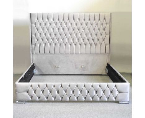 A grey velvet button upholstered bedstead192w x 211d x 157h cm