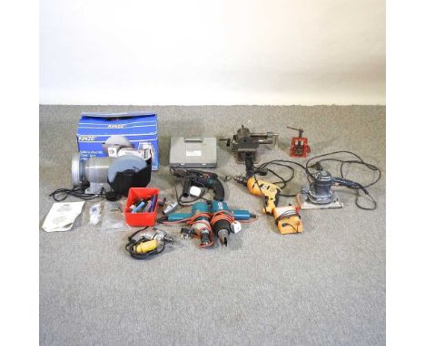 An electric bench grinder, boxed, together with a collection of various hand tools