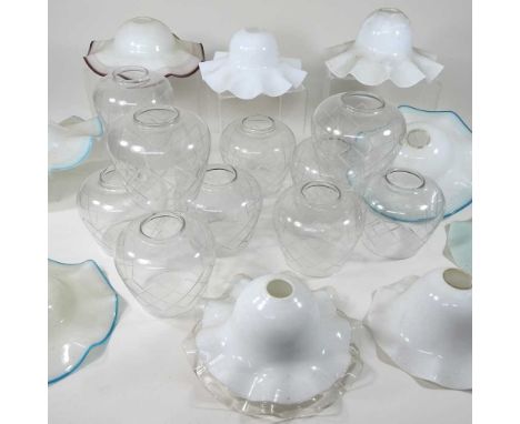 A pair of opaque glass light shades, with blue rims, 3cm fitting, together with a collection of seventeen various glass shade