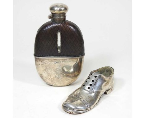 An early 20th century novelty silver pin cushion, in the form of a shoe, with a wooden base, Birmingham 1913, 13cm long, toge