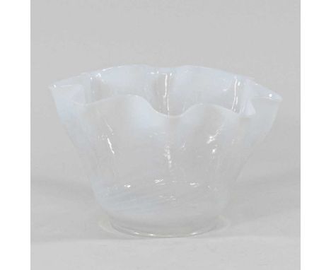 A white vaseline glass oil lamp shade, of frilled shape, 10cm apertureDirty but complete