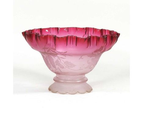 A pink etched glass oil lamp shade, decorated with leaves, with a frilled edge, aperture 7cm