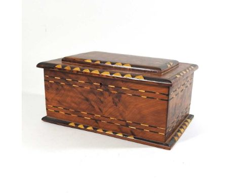 A modern hand made burr yew and walnut inlaid tea caddy, of Georgian style, with a hinged lid27w x 29d x 13h cm