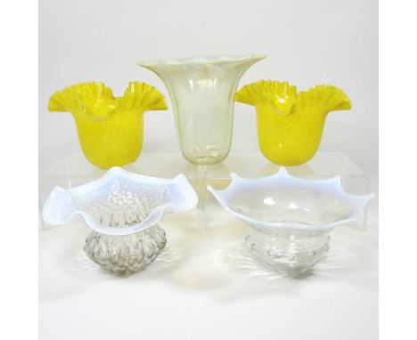 A pair of yellow glass light shades, each with a frilled rim, 3cm fitting, together with three various glass shades (5)All ar