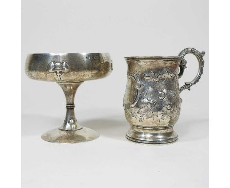 A Victorian silver mug, embossed with foliage, Birmingham 1859, 127g, 12cm high, together with an Edwardian silver pedestal b