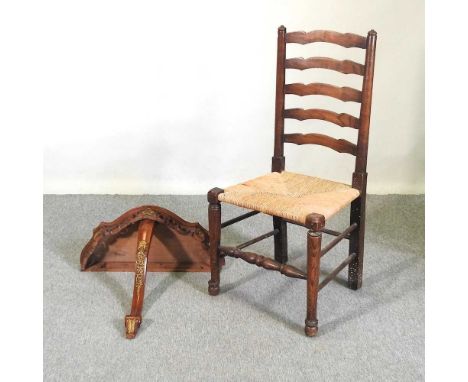 A cream upholstered stool, together with a ladderback chair and a console table, 64cm (3)