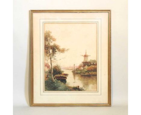 J R Miller, early 20th century, river landscape with windmill, signed, watercolour, 44 x 34cm