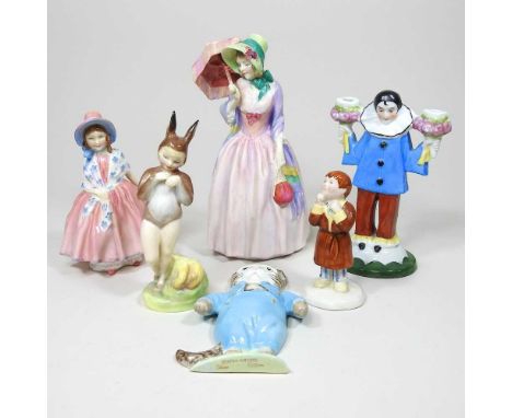 ARR A Royal Doulton figure Miss Demure, together with Lily, Baby Bunting, James, a Sitzendorf figural candlestick and a Beswi