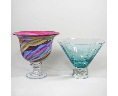 A Caithness turquoise glass bowl, of Art Deco design, on a clear glass base, signed, 24cm diameter, together with a Gibraltar