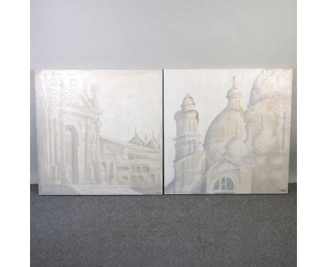 Angie Thomas, b1952, townscape, oil on canvas laid on board, 90 x 90cm, together with another similar, both unframed and a pr