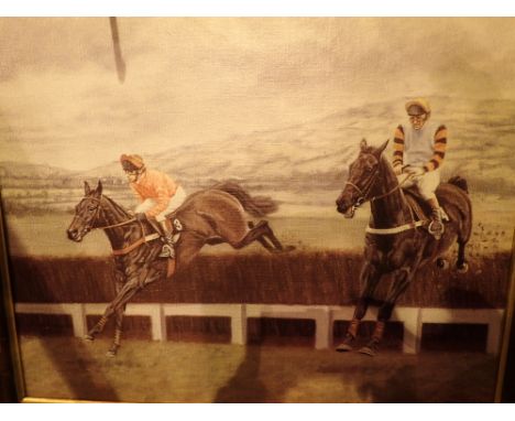 Framed Peter Deighan Burrough Hill ????? and Brown Chamberlain Cheltham Gold Cup 1984 print on canvas 50 x 40 cm 