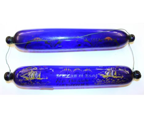 Two 19th Century blue glass rolling pin love tokens