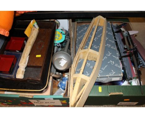 Two boxes of various sundries; trays; a pewter coffee pot; model boat etc.