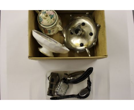 A box of wrist watches; a chamber stick etc.